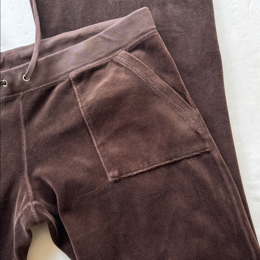 Vintage Juicy Couture Velour Y2k Tracksuit Pant USA Flare Snapback Pockets Brown - Picture 6 of 17